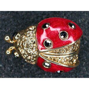 Vintage Gold Tone & Red Enamel Ladybug Pin Brooch With Black Rhinestone Accents